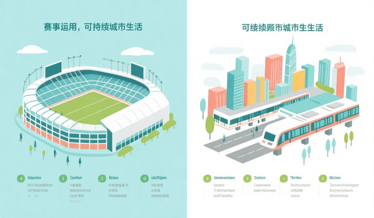 体育场馆赛后利用与城市交通升级的对比信息图风格插画