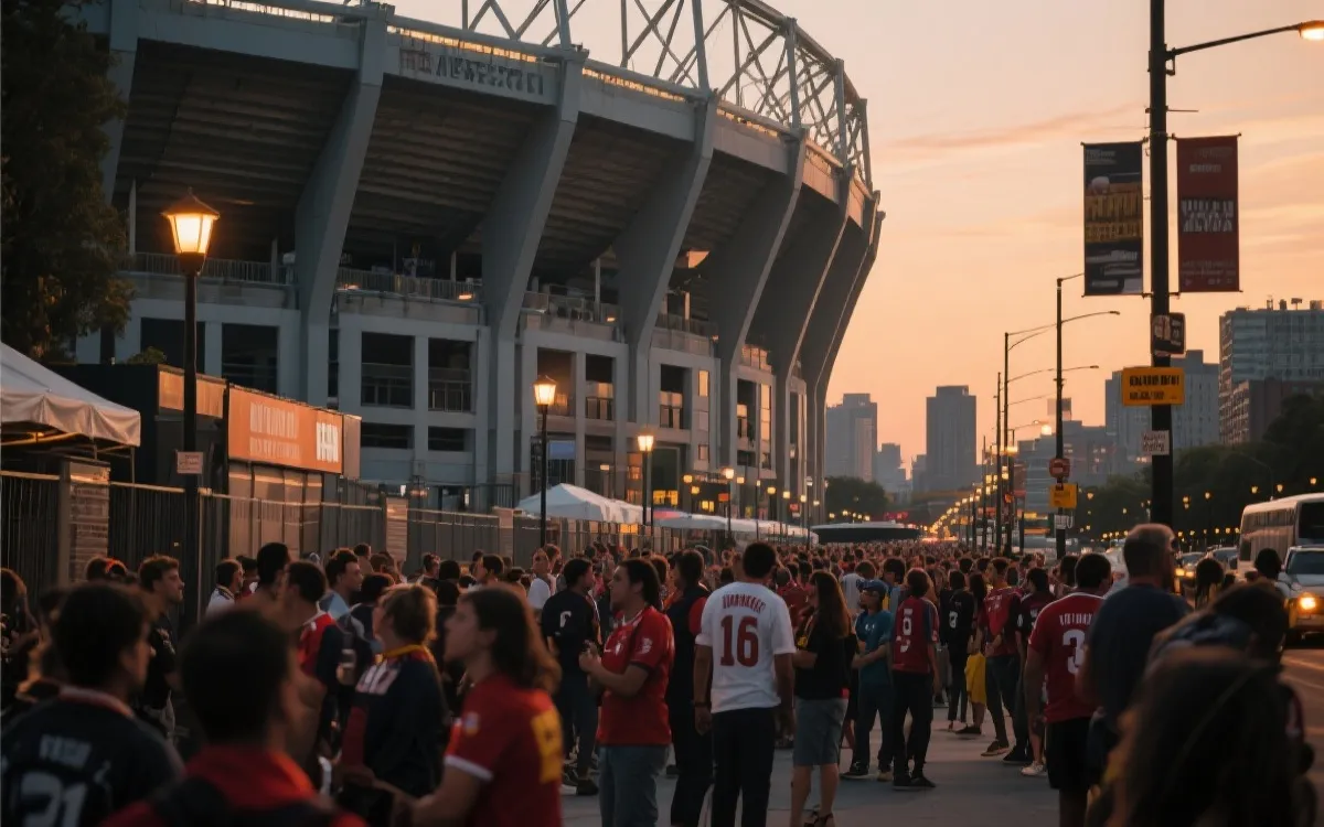 球迷在北美城市街头与体育场外氛围，旅行攻略风格图片